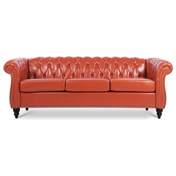 Eldridge 84" Rolled Arm Chesterfield 3 Seater Sofa - Orange Polyurethane Fabric - Birch Legs 