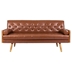 Zieg Mid-Century Modern Tufted Sofa with Rolled Accent Pillows - Light Brown Polyurethane Fabric - Gold-Tipped Splayed Legs