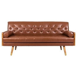 Zieg Mid-Century Modern Tufted Sofa with Rolled Accent Pillows - Light Brown Polyurethane Fabric - Gold-Tipped Splayed Legs 