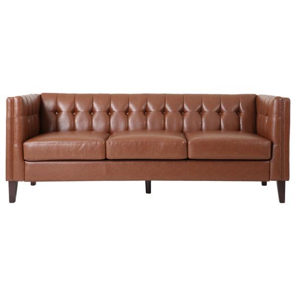 Vallenso 75" Faux Leather Sofa - 3 Seater with Tufted Back - Light Brown Polyurethane - Birch Wood Legs 