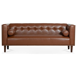 Oakhurst 78" Wooden Decorated Arm 3 Seater Sofa - Brown Polyurethane Fabric - Solid Wood Frame and Legs 