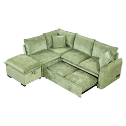 Myrithia 82" Convertible Sofa Bed - L-shaped Sectional with Storage Ottoman - 2 Pillows - 2 Power Sockets and USB Ports - Green Chenille 