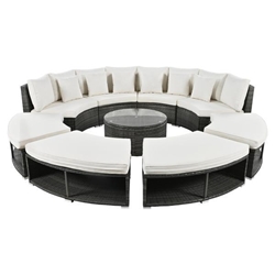 Ravissa 127" Circular Outdoor Sofa Set - Rattan Wicker - Tempered Glass Coffee Table - 6 Pillows - Beige 