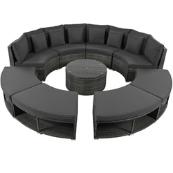 Ravissa 127" Circular Outdoor Sofa Set - Rattan Wicker - Tempered Glass Coffee Table - 6 Pillows - Grey 