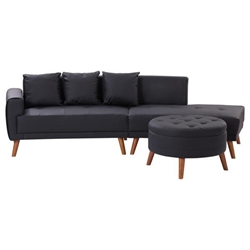 Ariston 107" Contemporary Sofa with Round Storage Ottoman and Three Removable Pillows - Black 