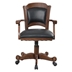 Turk Upholstered Swivel Dining and Game Chair - Tobacco Finish Frame - Black Leatherette Seat Cover