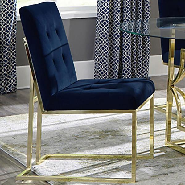 Cisco Velvet Upholstered Dining Side Chair with Gold Finish Legs - Blue Fabric - Set of 2 