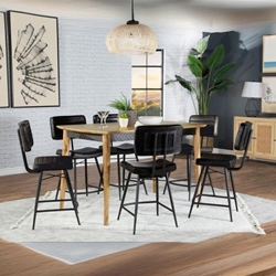 Partridge 36"W x 60"L Counter Dining Set with Sheesham Table and Espresso Finish Legs - Black Leather Upholstery - 7-Piece 