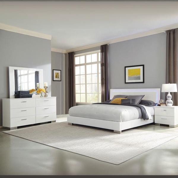 Felicity Eastern King Bedroom Set - White High Gloss - 4-Piece - Blue LED Headboard 