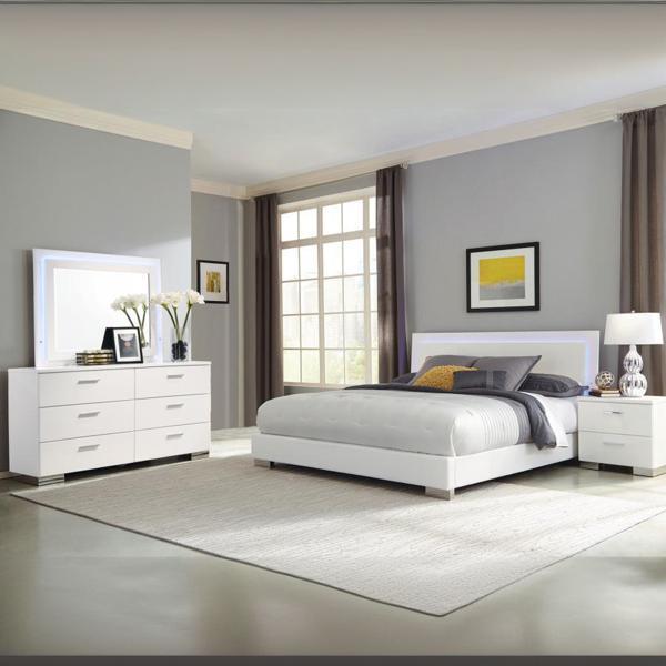 Felicity Eastern King Bedroom Set - White High Gloss - 4-Piece - Chrome Finish Legs 