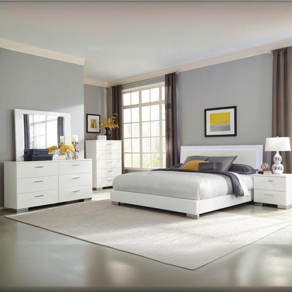 Felicity Eastern King Bedroom Set - White High Gloss - 5-Piece - LED Touch Lighting 