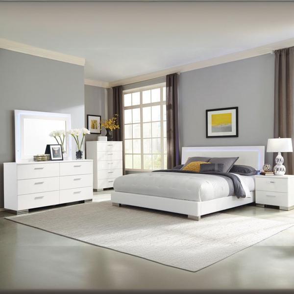 Felicity California King Bedroom Set - White Gloss - 5-Piece - Chrome Finish Legs 