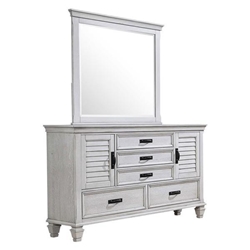 Franco 5-Drawer Dresser with Mirror - Distressed White - Ivory 