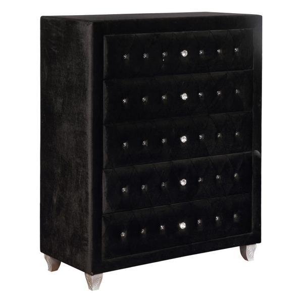 Deanna 5-Drawer Bedroom Chest - Black Velvet Fabric - Crystal Knob Hardware 