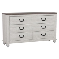 Stillwood 6-Drawer Dresser with Ash Brown Top and Vintage Linen Finish - Matte Antique Bronze Accents - Grey 