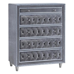 Antonella 5-Drawer Bedroom Chest - Grey Velvet Upholstery - Grey Finish Legs 