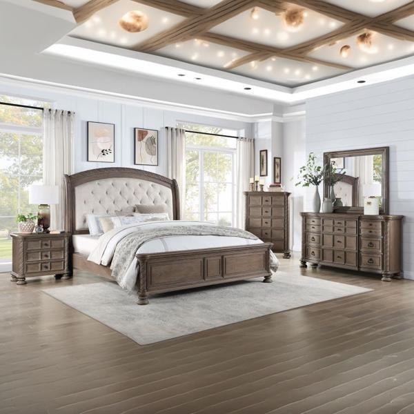 Emmett Eastern King Bedroom Set Walnut - Beige Fabric - Brown - 5-Piece 