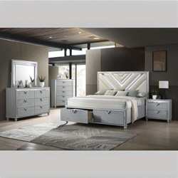 Veronica Eastern King Bedroom Set - Light Silver Finish - Snow White Fabric - 5-Piece 