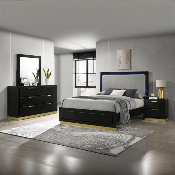 Caraway Queen Bedroom Set - Black - Light Gray Fabric - 4-Piece 