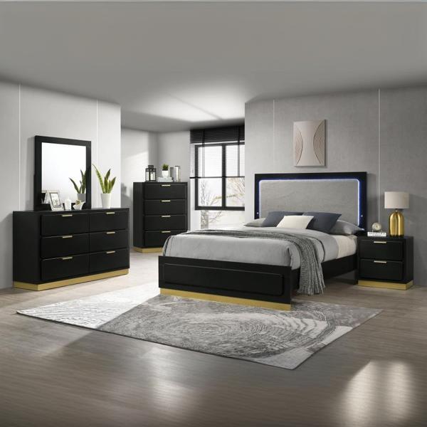 Caraway Queen Bedroom Set - Black - Light Gray Fabric - 5-Piece 