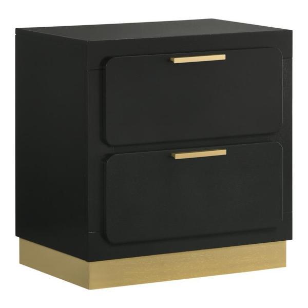 Caraway 2-Drawer Nightstand - Black with Metallic Gold Embellishments 