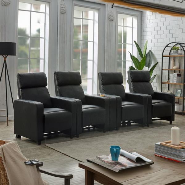 Toohey Home Theater Recliner Set - Black Leatherette - 4-Piece 