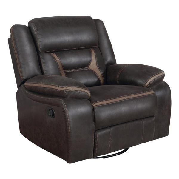 Greer Upholstered Swivel Glider Recliner Chair - Beige Leatherette - Brown Finish Frame 