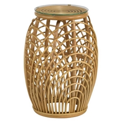 Dahlia Round Glass Top Woven Rattan End Table - Natural - Brown 