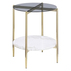 Jonelle Round Glass Top End Table with White Marble Shelf and Gold Finish Legs - Grey 