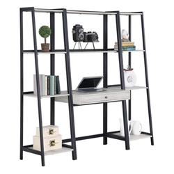 Pinckard Ladder Desk and Bookcase Set - Grey Stone - Black Powder Coated Steel Frame - 3-Piece 