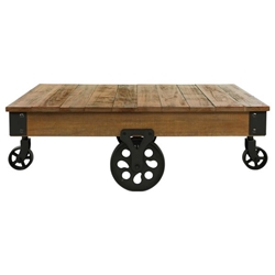 Factory Cocktail Table on Wheels with 2-Tone Rustic Poplar Top and Black Finish Metal Frame - Solid Wood and Metal Construction 