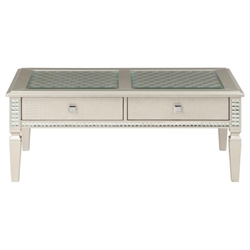 Juliette Cocktail Table with Glass Inset Top - 2 Dovetail Drawers - Champagne Finish Legs 