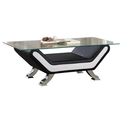 Veloce Glass Top Coffee Table Set of Two with Faux Leather Upholstered Base and Chrome Metal Legs - Black and White with Chrome Finish Legs 