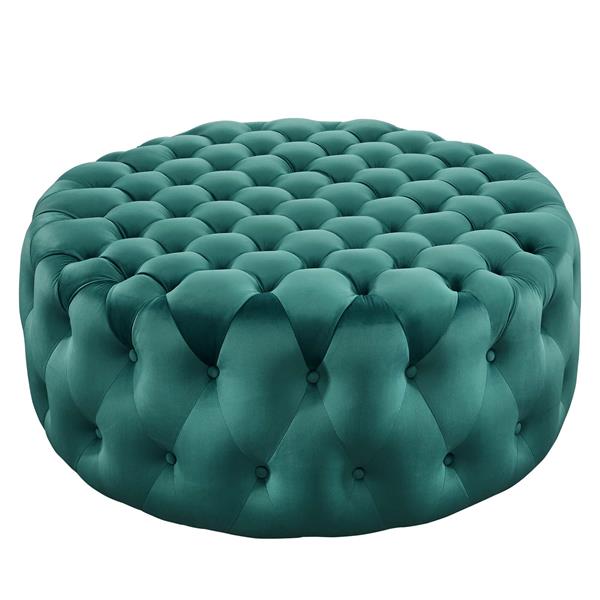 Amour Tufted Button Large Round Performance Velvet Ottoman - Teal 
