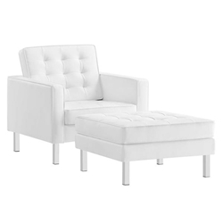 Loft Tufted Vegan Leather Armchair and Ottoman Set - Silver White 