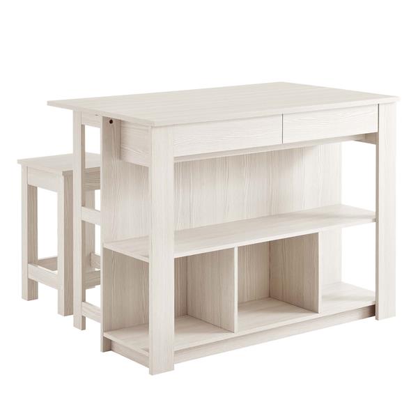 Meadowbrook 3-Piece Kitchen Island and Stool Set - White Maple 