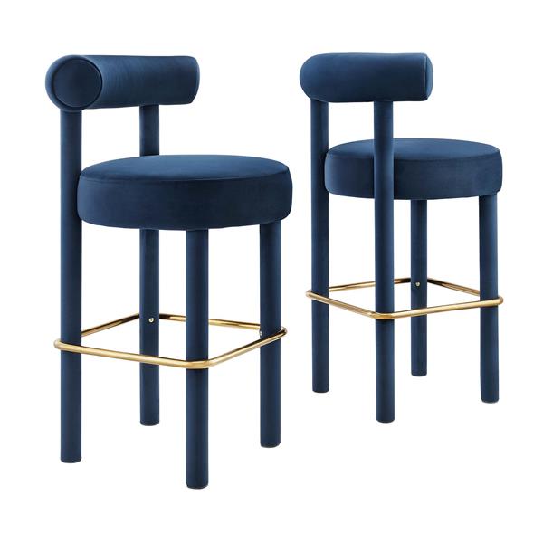 Toulouse Performance Velvet Bar Stool - Set of 2 - Midnight Blue Gold 