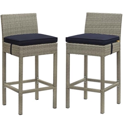 Conduit Bar Stool Outdoor Patio Wicker Rattan Set of 2 - Light Gray Navy 