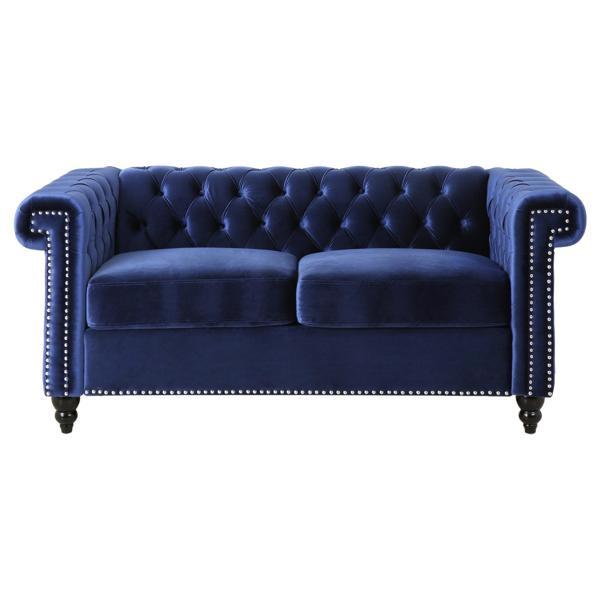 Avalon 61" Loveseat with Channel Stitching and Nailhead Accents - Blue Velvet Upholstery - Birch Wood Legs 