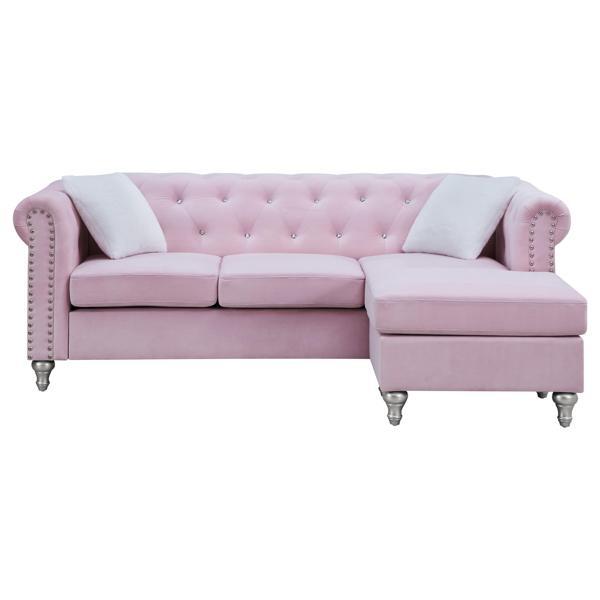 Pandora 82" Sofa with Chaise - Pink Velvet - Hand Painted Wood Legs 