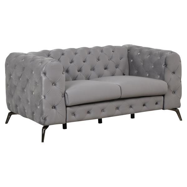 Crystalo 63" Loveseat - Gray Velvet Fabric - Metal Legs 