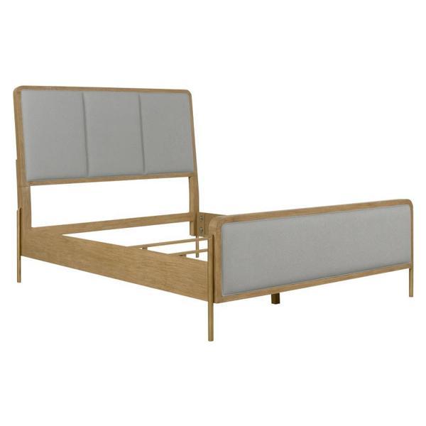 Arini Eastern King Panel Bed with Textured Wire - Brushed Sand Wash Finish and Grey Fabric Upholstery - Aged Brass Metal Legs 