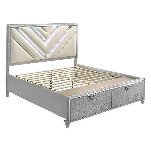 Veronica Eastern King Bed LED Storage - Light Silver Wood Grain Finish - Snow White Fabric 