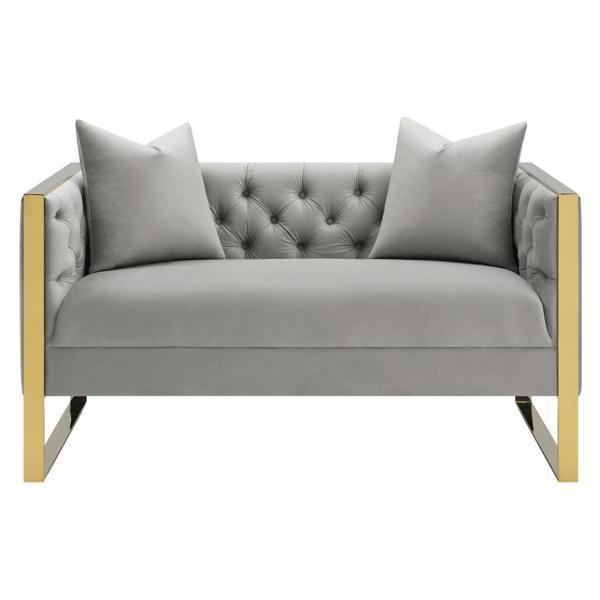 Eastbrook 20" Seat Height Loveseat with Button Tufted Velvet Upholstery - Grey - Gold Stainless Steel Base 