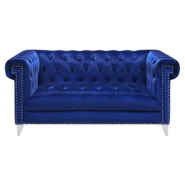 Bleker 18" Seat Height Loveseat - Blue Velvet - Tuxedo Arms and Nail Head Trim 