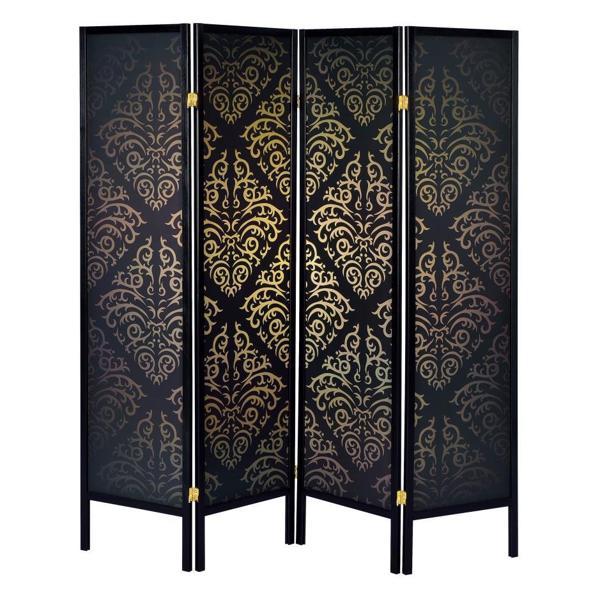 Haidera 4-Panel Room Divider Folding Screen - Black Damask 